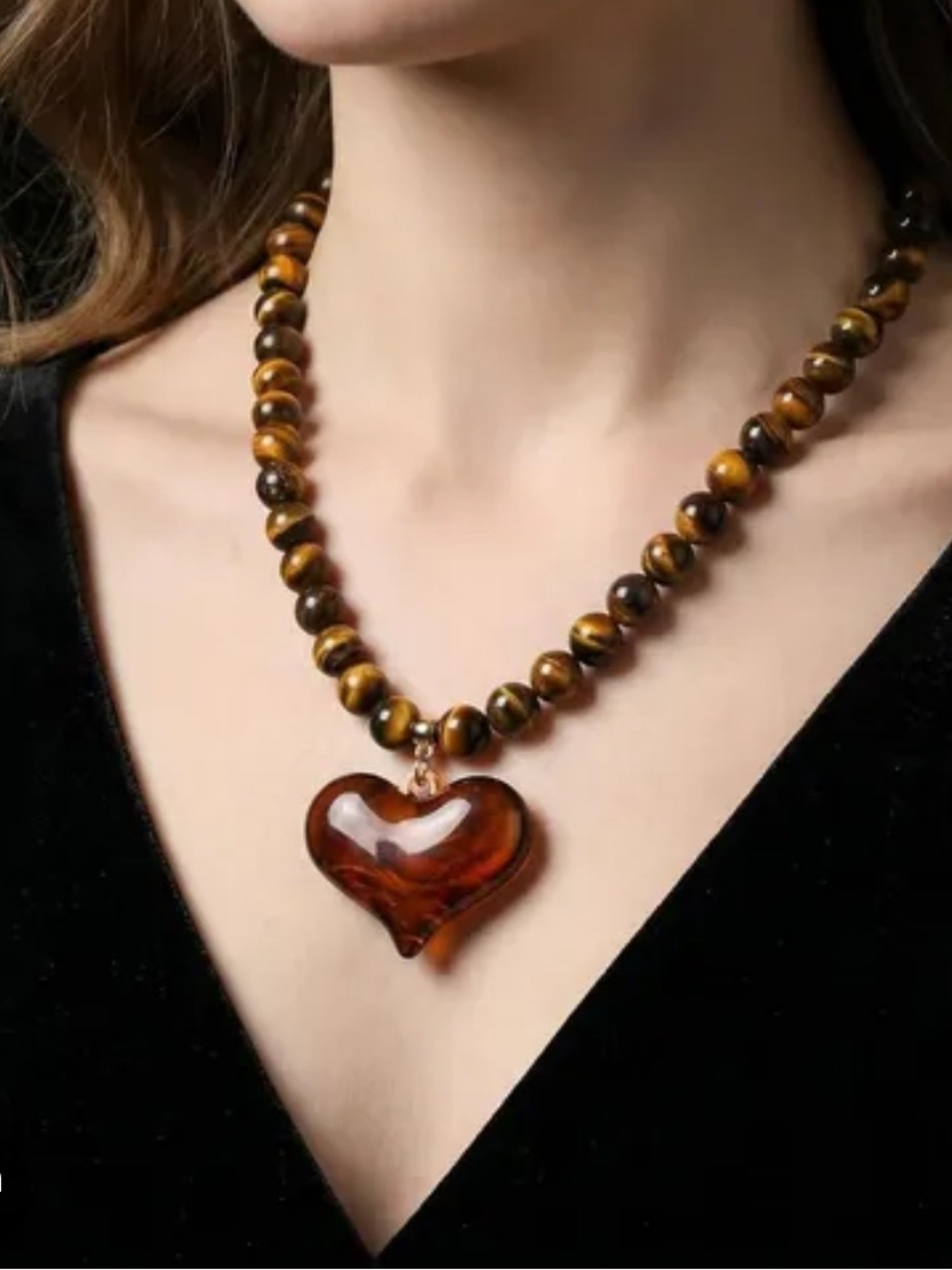Mayamar Tigers Eye Beaded Necklace with Large Heart Pendant (NWT)